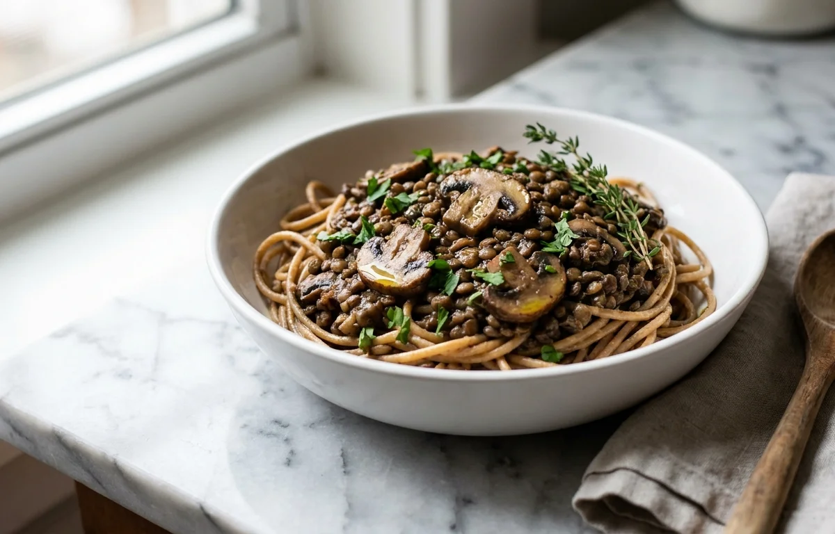 Whole-Wheat Pasta with Mushroom-Lentil Ragu