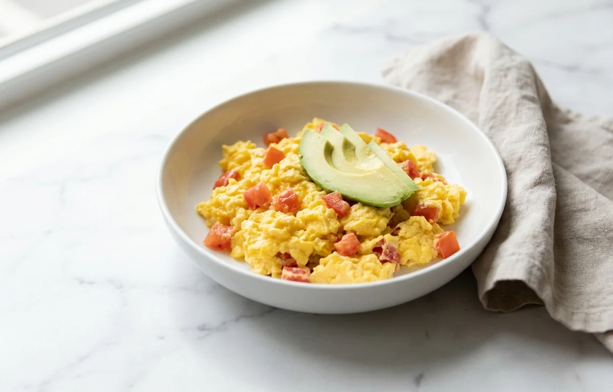 Three-Egg Scramble with Avocado and Tomato