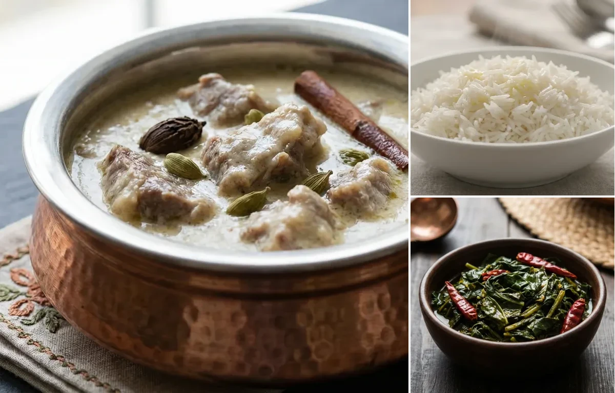 Aab Gosht with Steamed Basmati Rice and Haak Saag