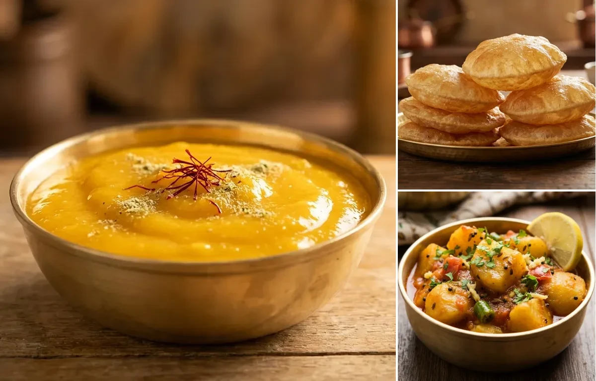 Aamras with Puri and Bateta nu Shaak