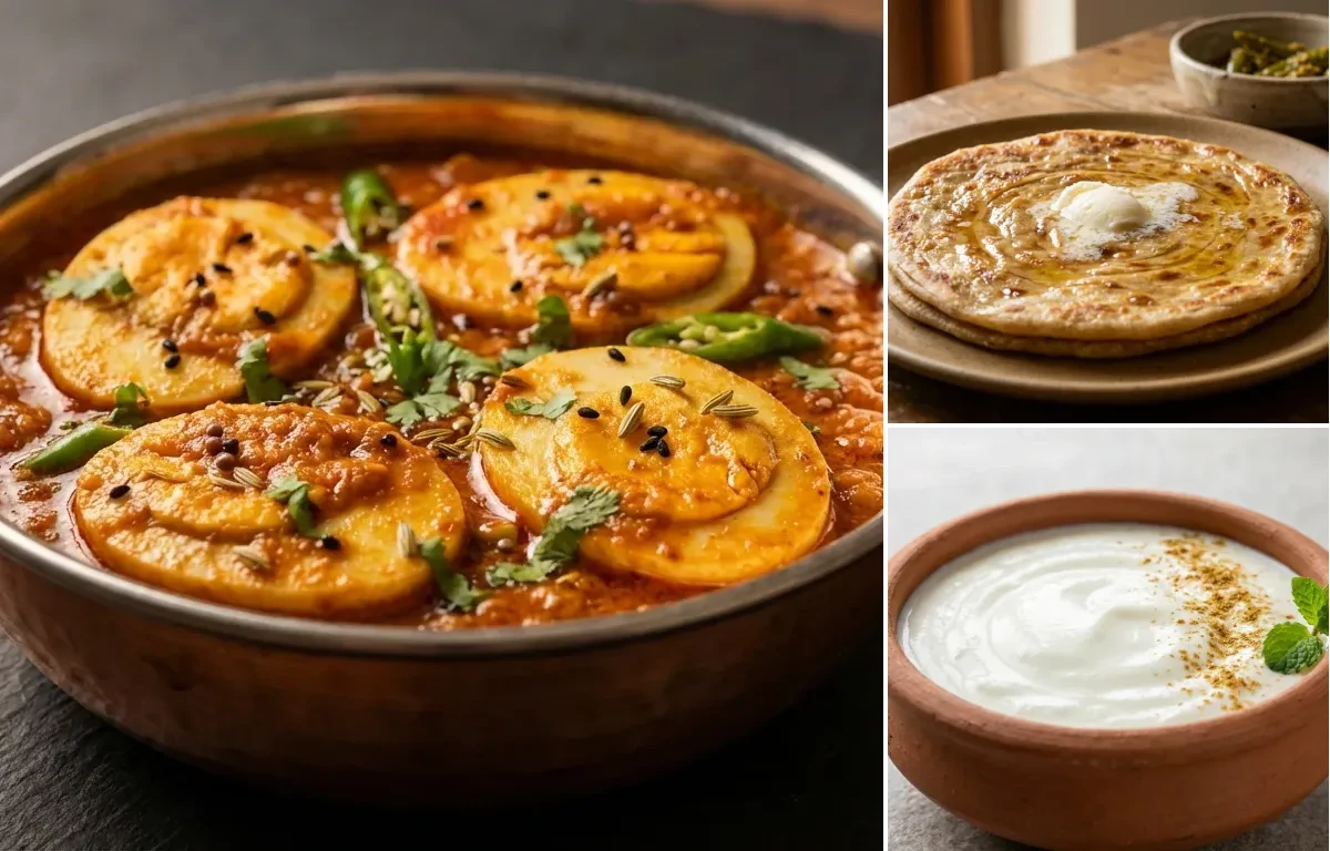 Achari Anda Masala with Paratha and Dahi