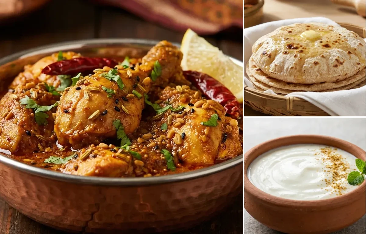 Achari Chicken with Tawa Roti and Dahi