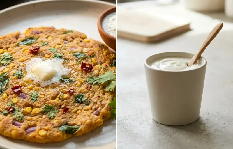 Adai with Coriander Coconut Chutney and Plain Yogurt Cup