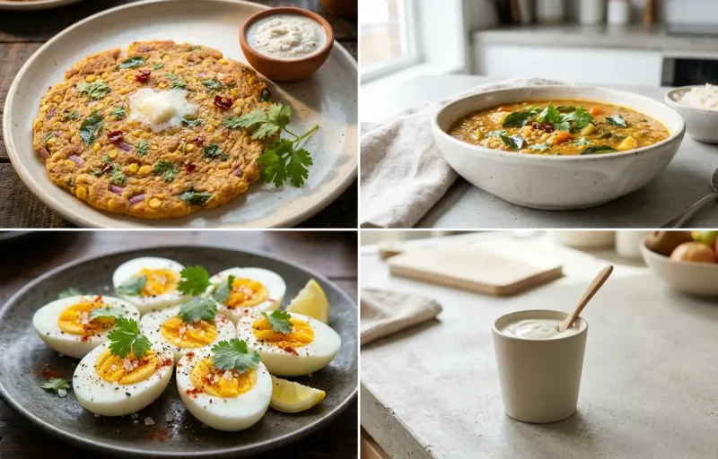 Adai with Drumstick Sambar, Cilantro Coconut Chutney, Boiled Egg and Plain Yogurt Cup