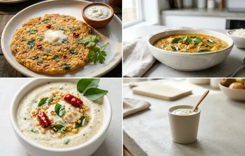 Adai with Drumstick Sambar, Coconut Chutney and Plain Yogurt Cup