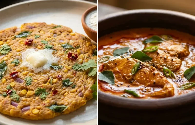 Adai with Fish Curry and Coriander Coconut Chutney