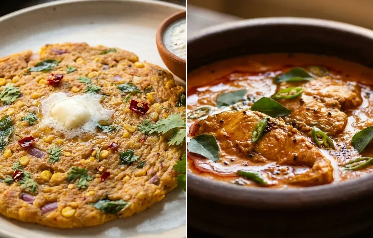 Adai with Fish Curry and Tomato Garlic Chutney