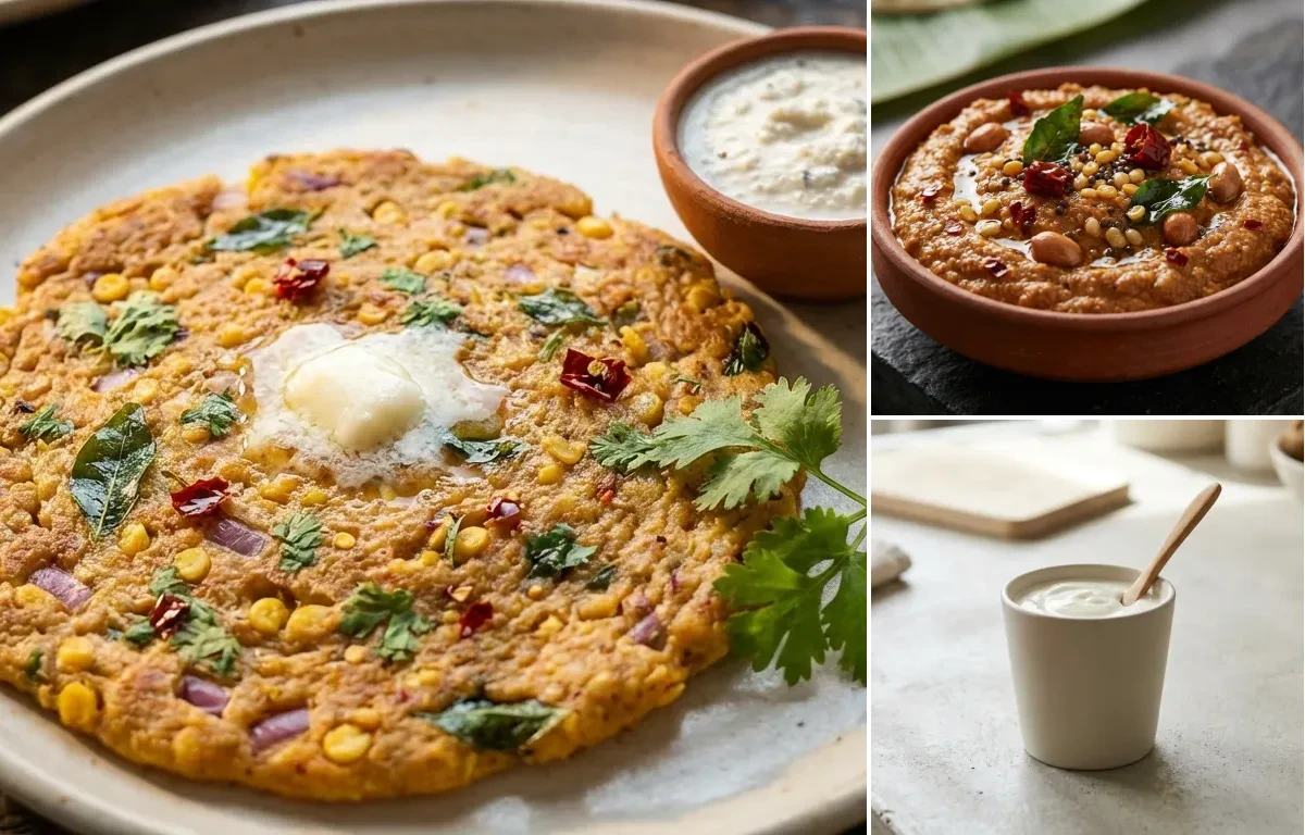 Adai with Peanut Chutney and Plain Yogurt Cup