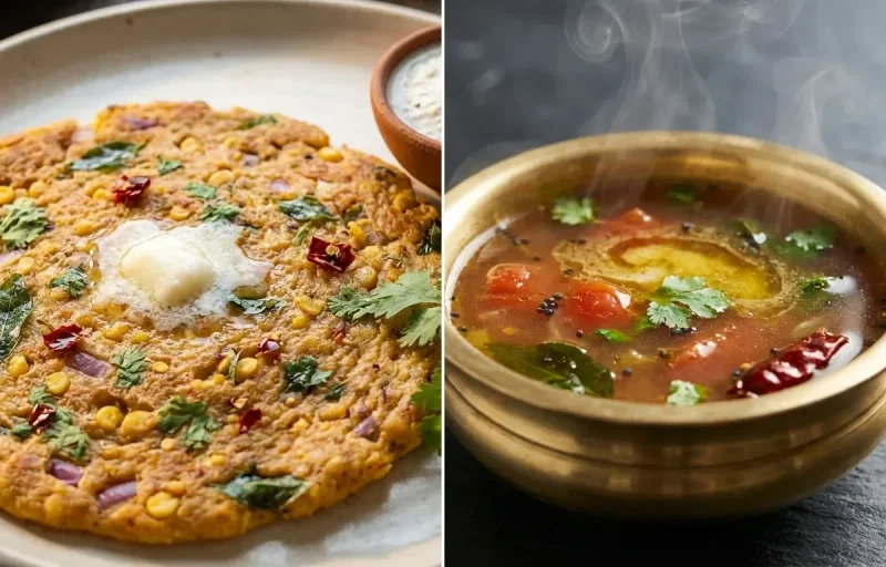 Adai with Rasam and Cilantro Coconut Chutney