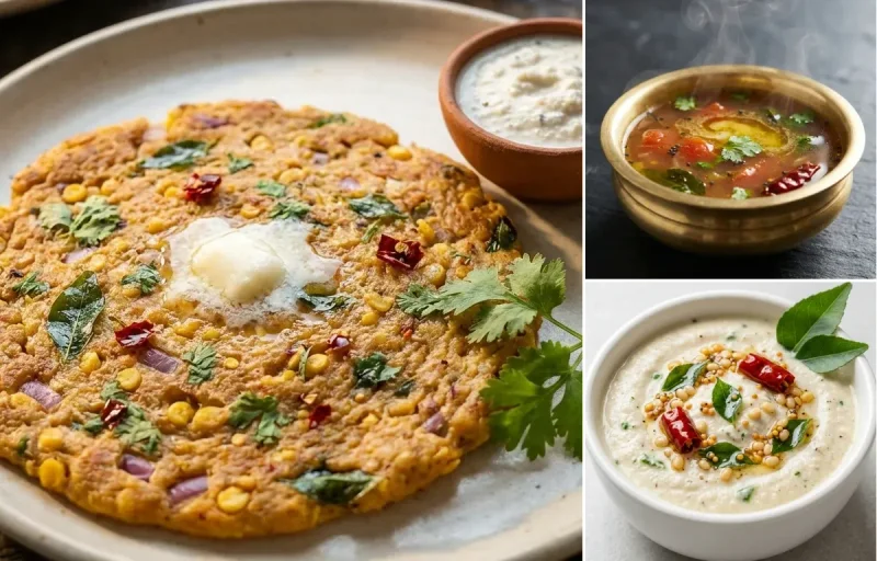 Adai with Rasam, Coconut Chutney and Cilantro Coconut Chutney