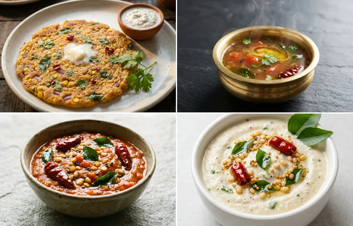 Adai with Rasam, Tomato Chutney and Coconut Chutney