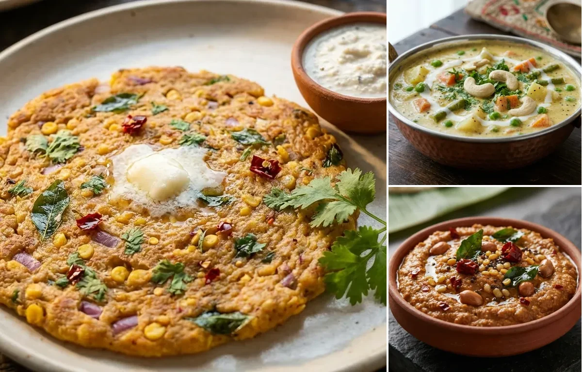 Adai with Vegetable Korma and Peanut Chutney