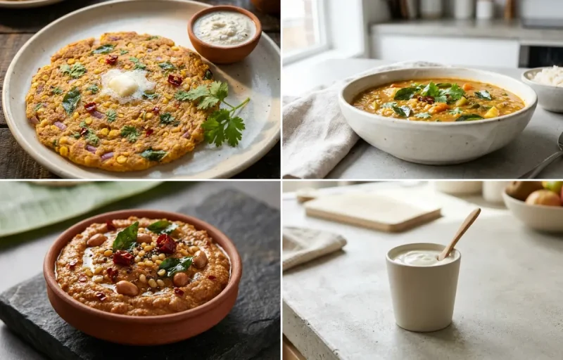 Adai with Vegetable Sambar, Peanut Chutney and Plain Yogurt Cup