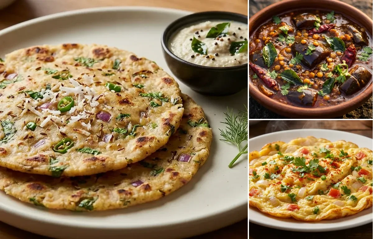 Akki Roti with Brinjal Gojju and Masala Omelette