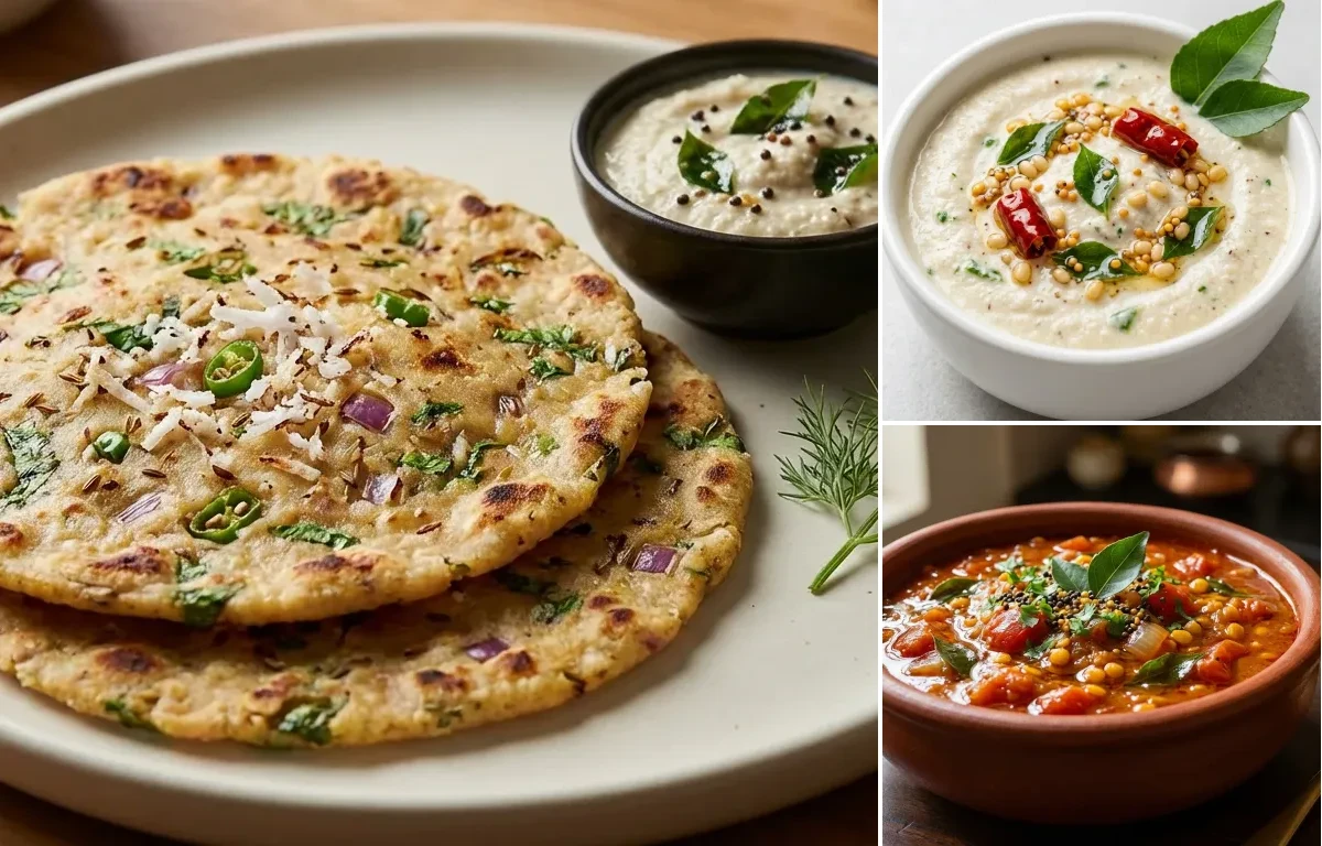 Akki Roti with Coconut Chutney and Tomato Gojju