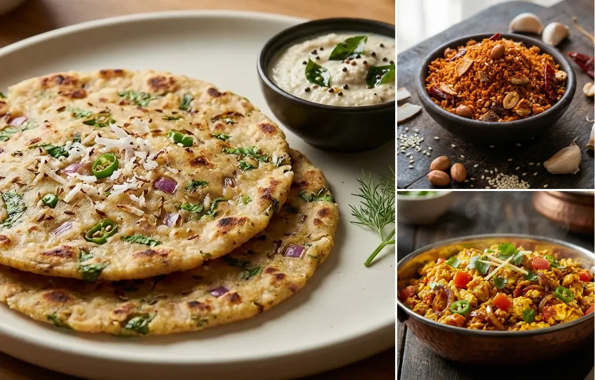 Akki Roti with Dry Garlic Chutney and Anda Bhurji