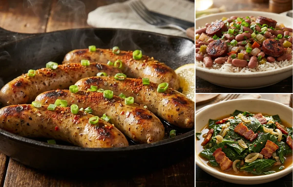 Alligator Sausage with Red Beans and Rice and Collard Greens