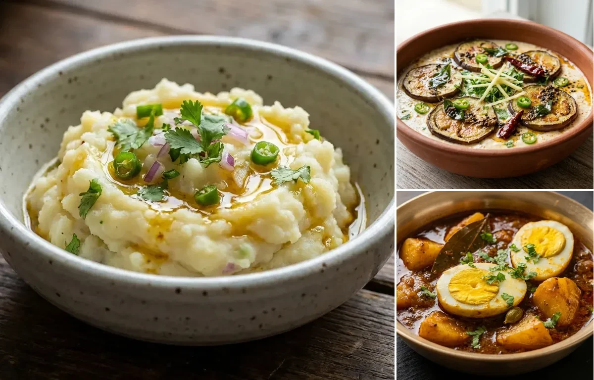 Aloo Bhate with Dahi Baigana and Anda Kassa