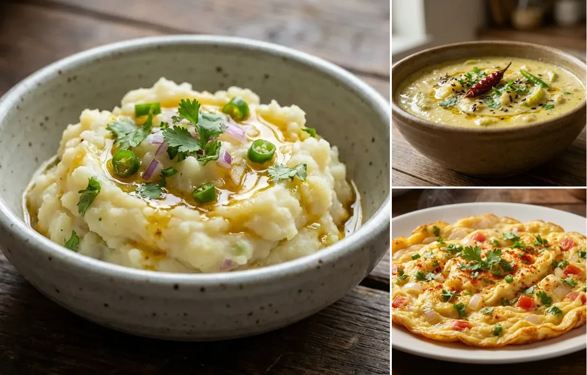 Aloo Bhate with Janhi Posto and Masala Omelette