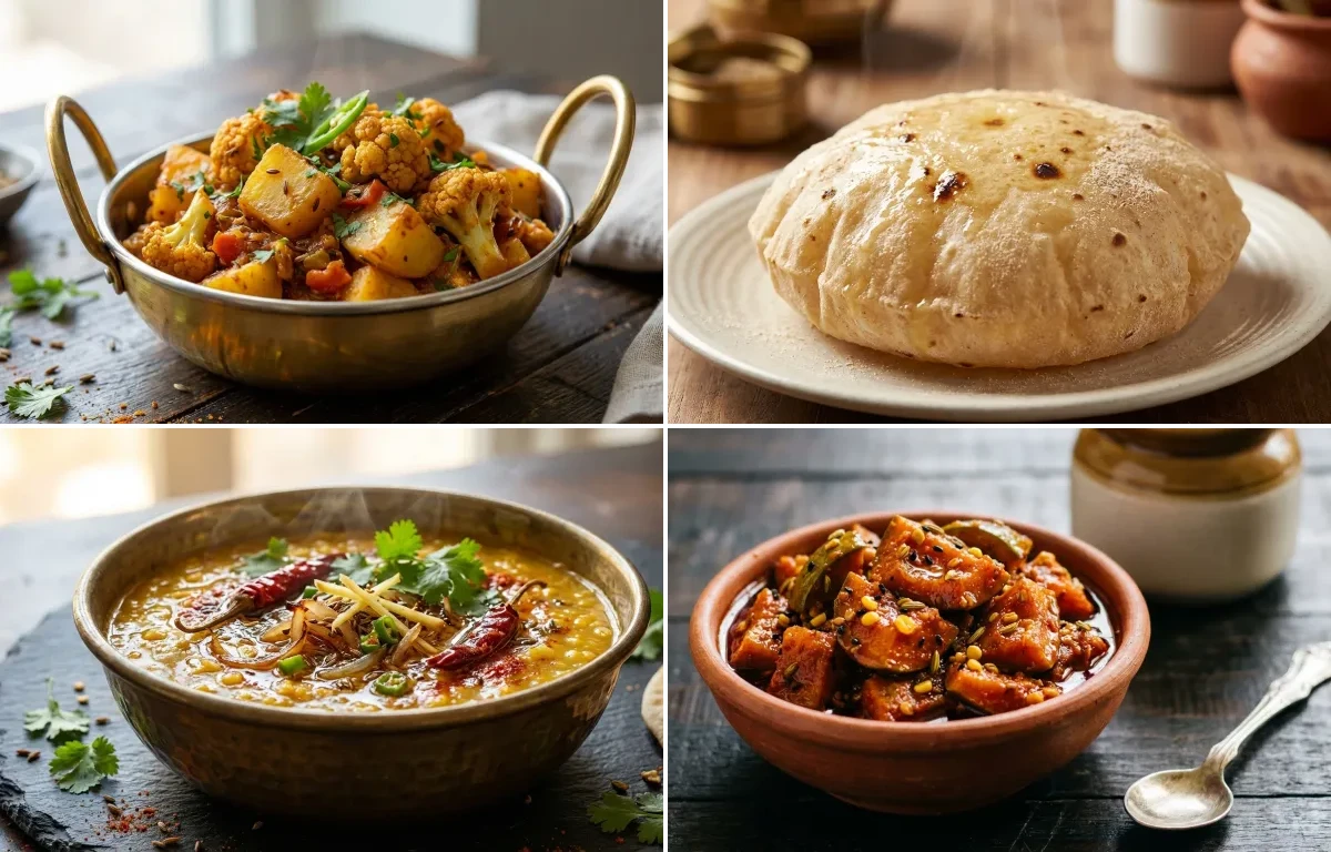 Aloo Gobi with Phulka, Dal Tadka and Mango Pickle