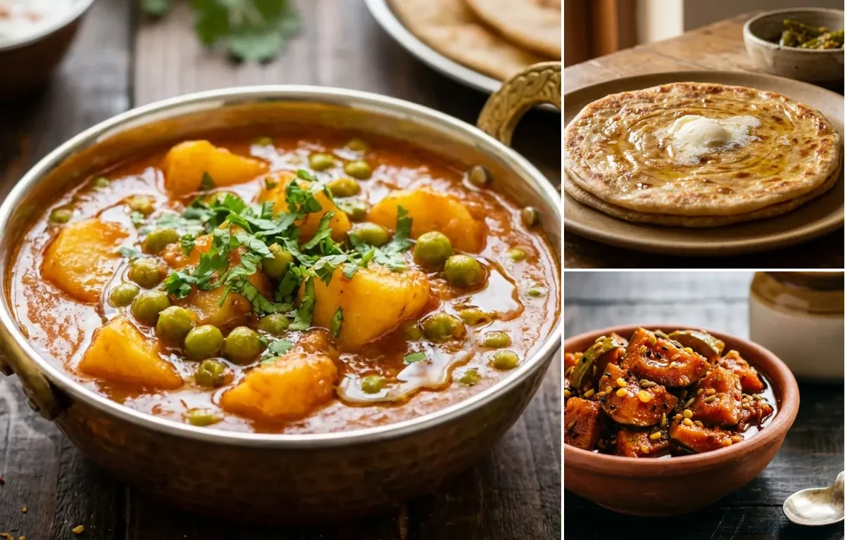 Aloo Matar Curry with Paratha and Mango Pickle