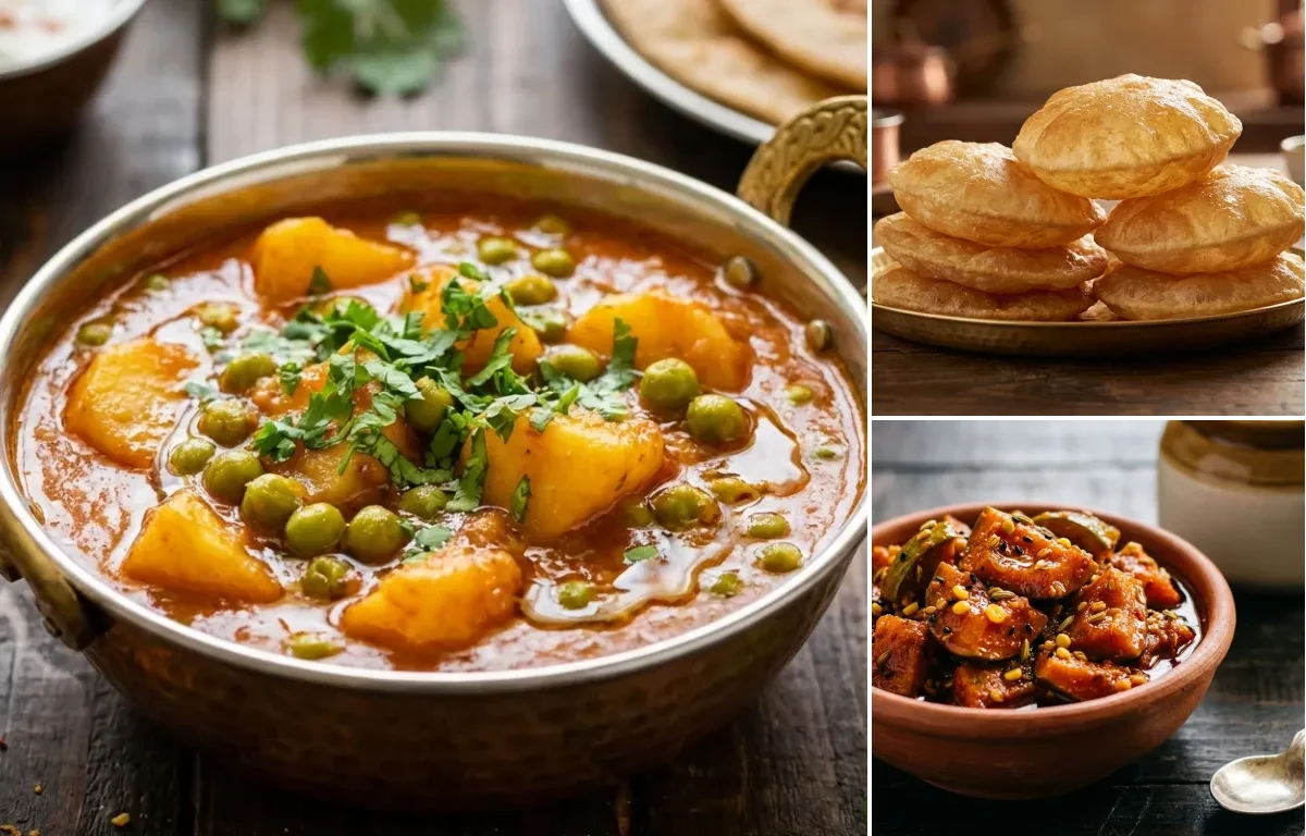 Aloo Matar Curry with Puri and Mango Pickle