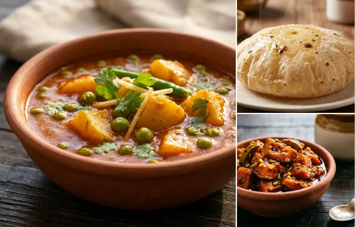 Aloo Matar Tari with Phulka and Mango Pickle