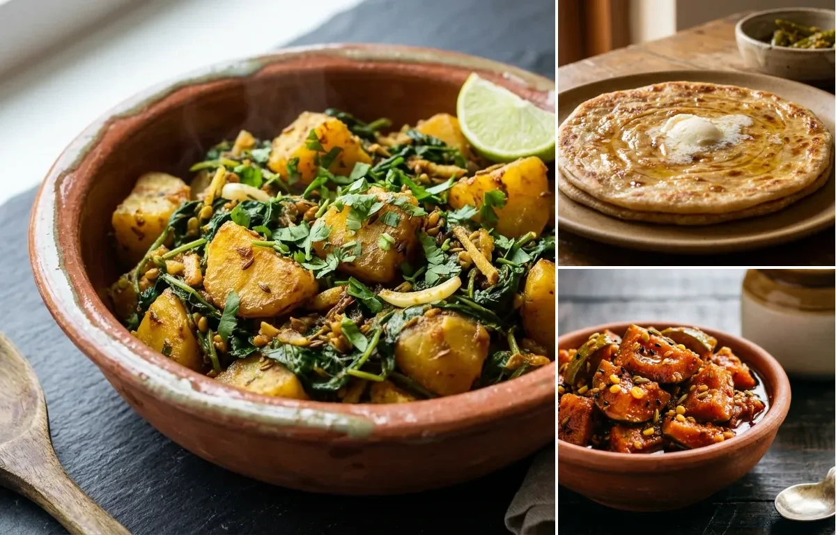 Aloo Methi with Paratha and Mango Pickle