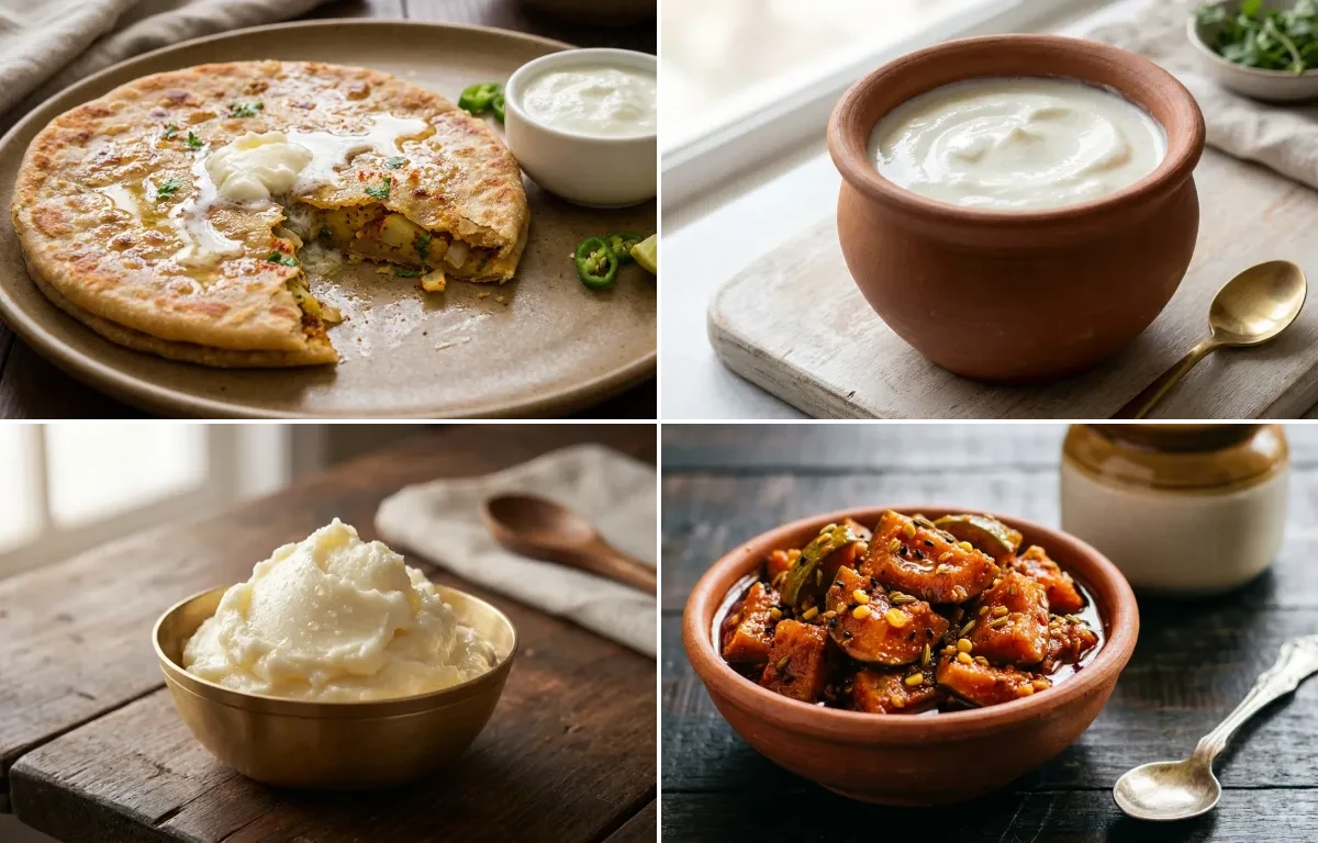 Aloo Paratha with Curd, White Butter and Mango Pickle