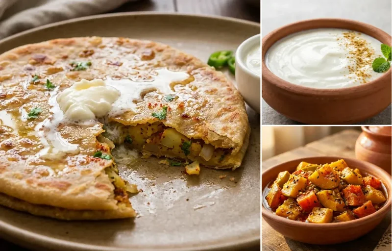 Aloo Paratha with Dahi and Punjabi Mango Pickle