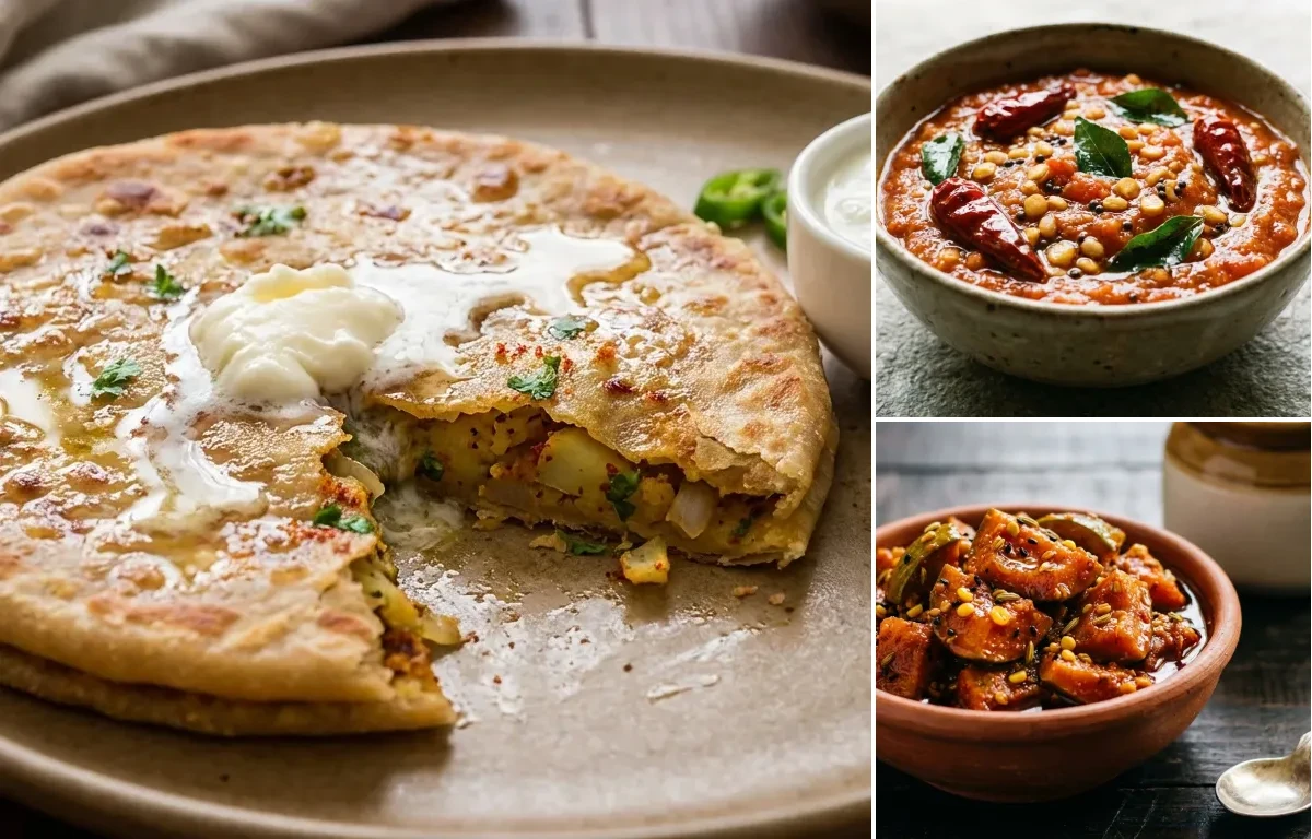 Aloo Paratha with Tomato Chutney and Mango Pickle