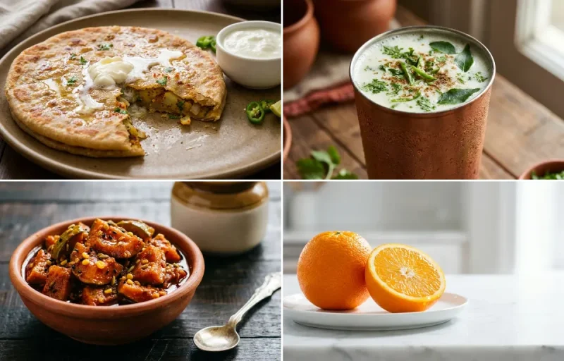 Aloo Paratha with Chaas with Mango Pickle with Orange