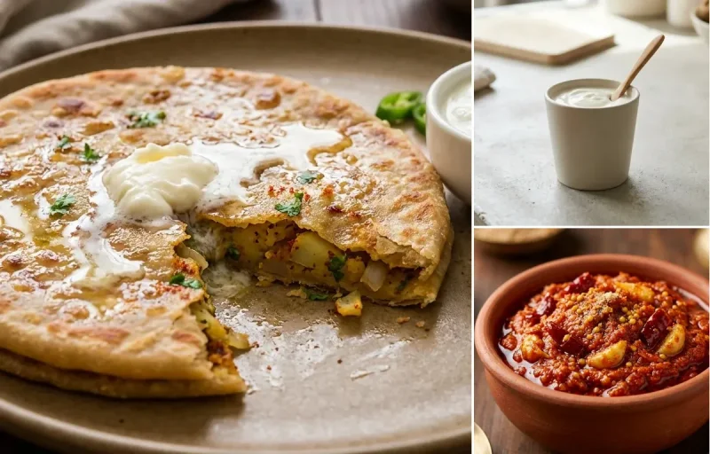 Aloo Paratha with Half Cup Dal, Plain Yogurt Cup and Garlic Chutney