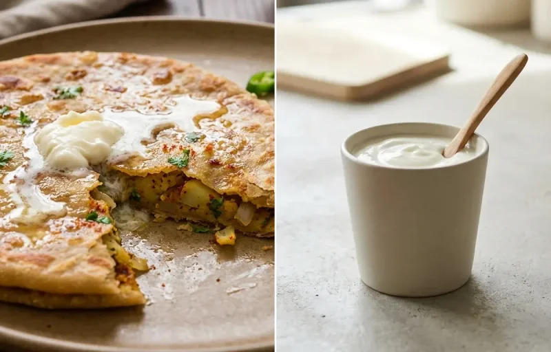 Aloo Paratha with Plain Yogurt Cup and Hard Boiled Egg With Cucumber