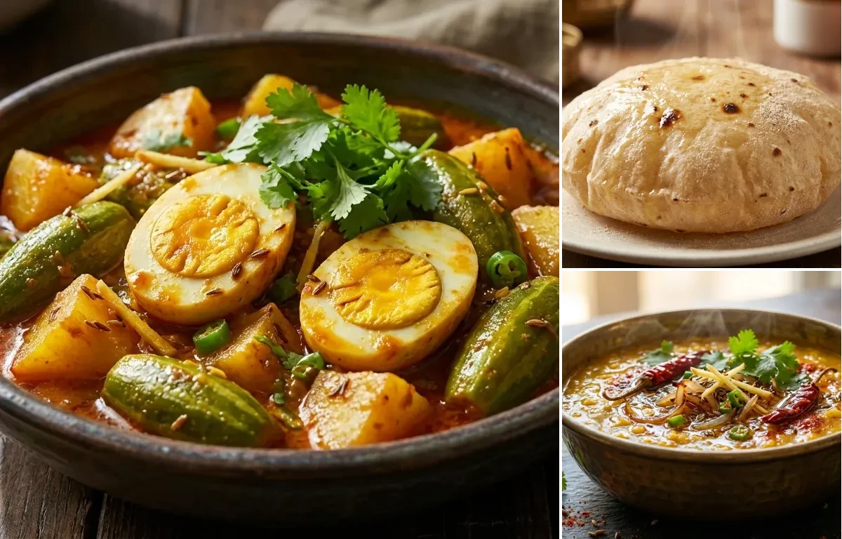 Aloo Parwal with Egg with Phulka and Dal Tadka