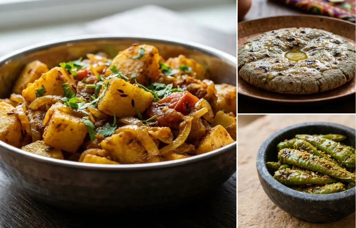 Aloo Pyaaz ki Sabzi with Bajra Roti and Mirchi ke Tapore