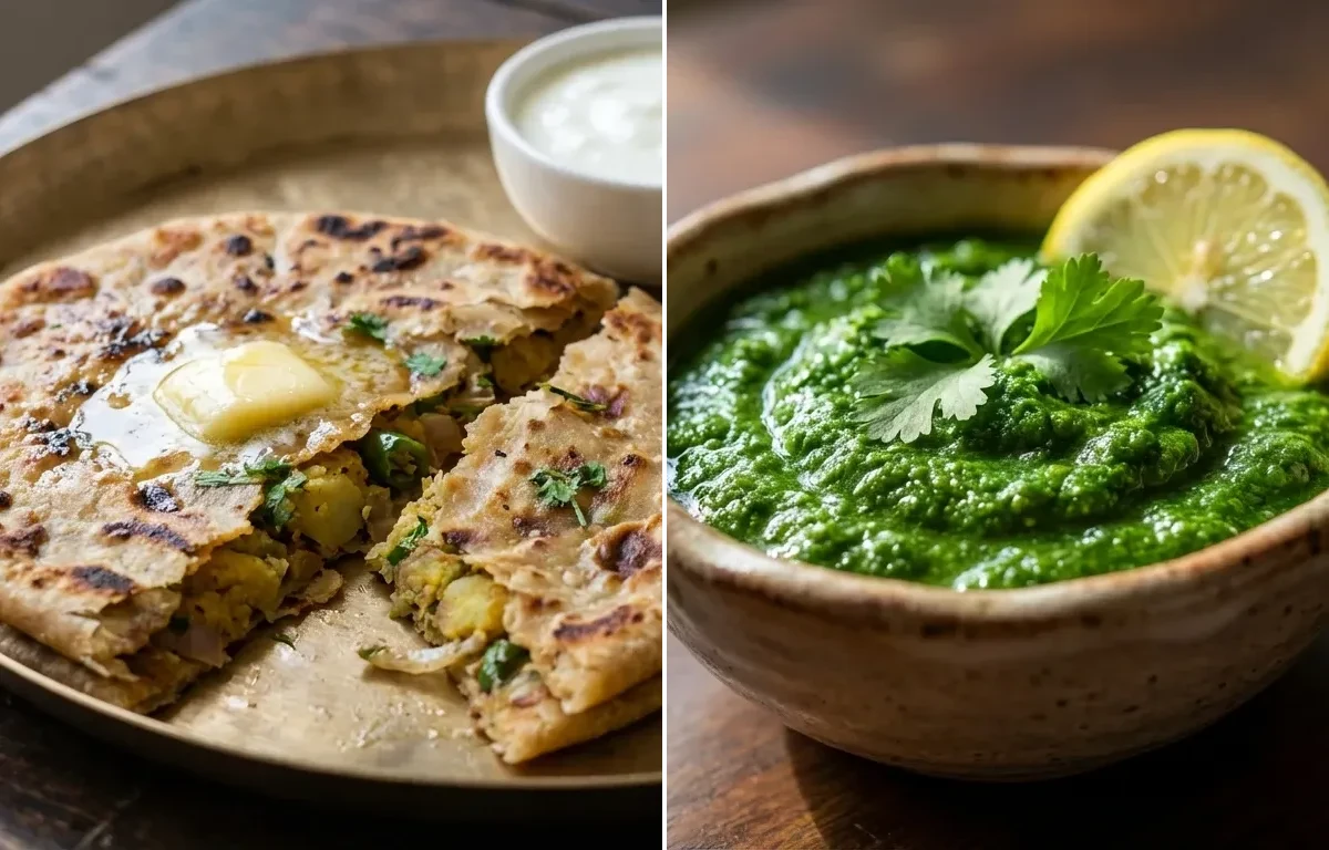 Aloo Pyaaz Paratha with Coriander Chutney