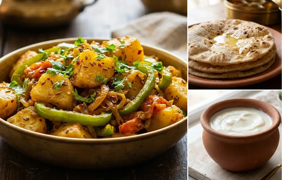 Aloo Shimla Mirch with Roti and Curd