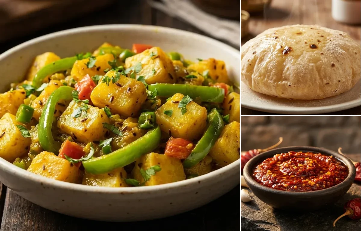 Aloo Shimla Mirch Sabzi with Phulka and Lehsun Chutney