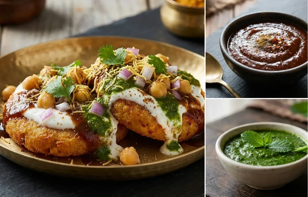 Aloo Tikki Chaat with Tamarind Chutney and Mint Chutney