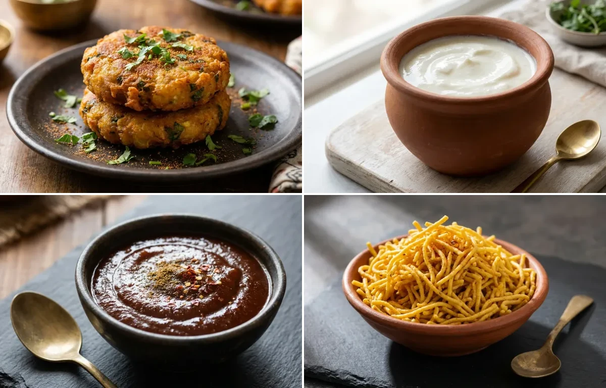 Aloo Tikki with Curd, Tamarind Chutney and Besan Sev