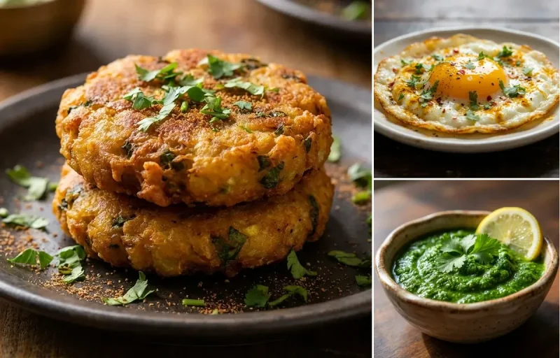 Aloo Tikki with Fried Egg and Coriander Chutney