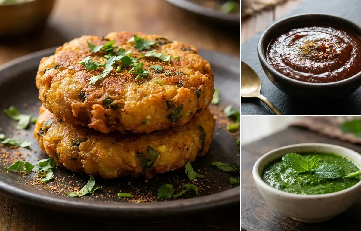 Aloo Tikki with Tamarind Chutney and Mint Chutney