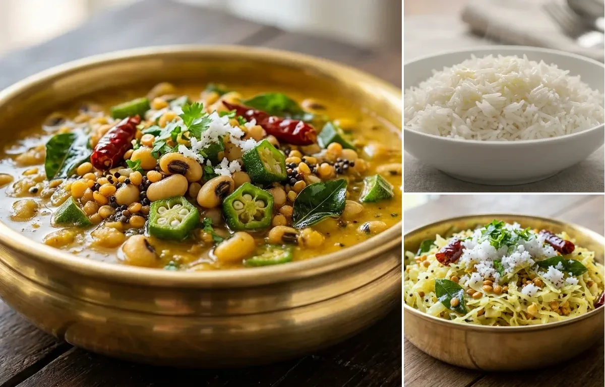 Alsande Bendi Huli with Steamed Basmati Rice and Cabbage Upkari