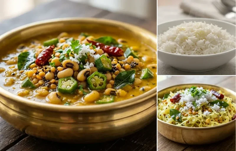 Alsande Bendi Huli with Steamed Basmati Rice and Cabbage Upkari