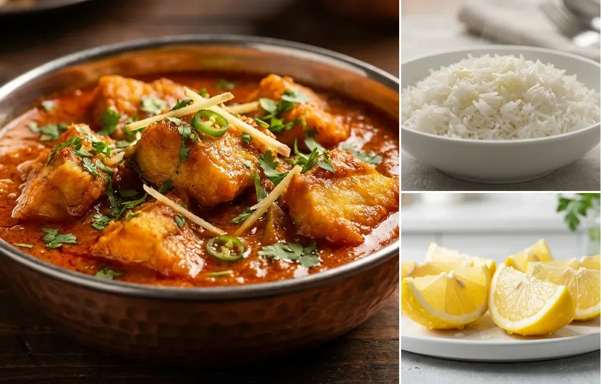Amritsari Fish Curry with Steamed Basmati Rice and Lemon Wedges