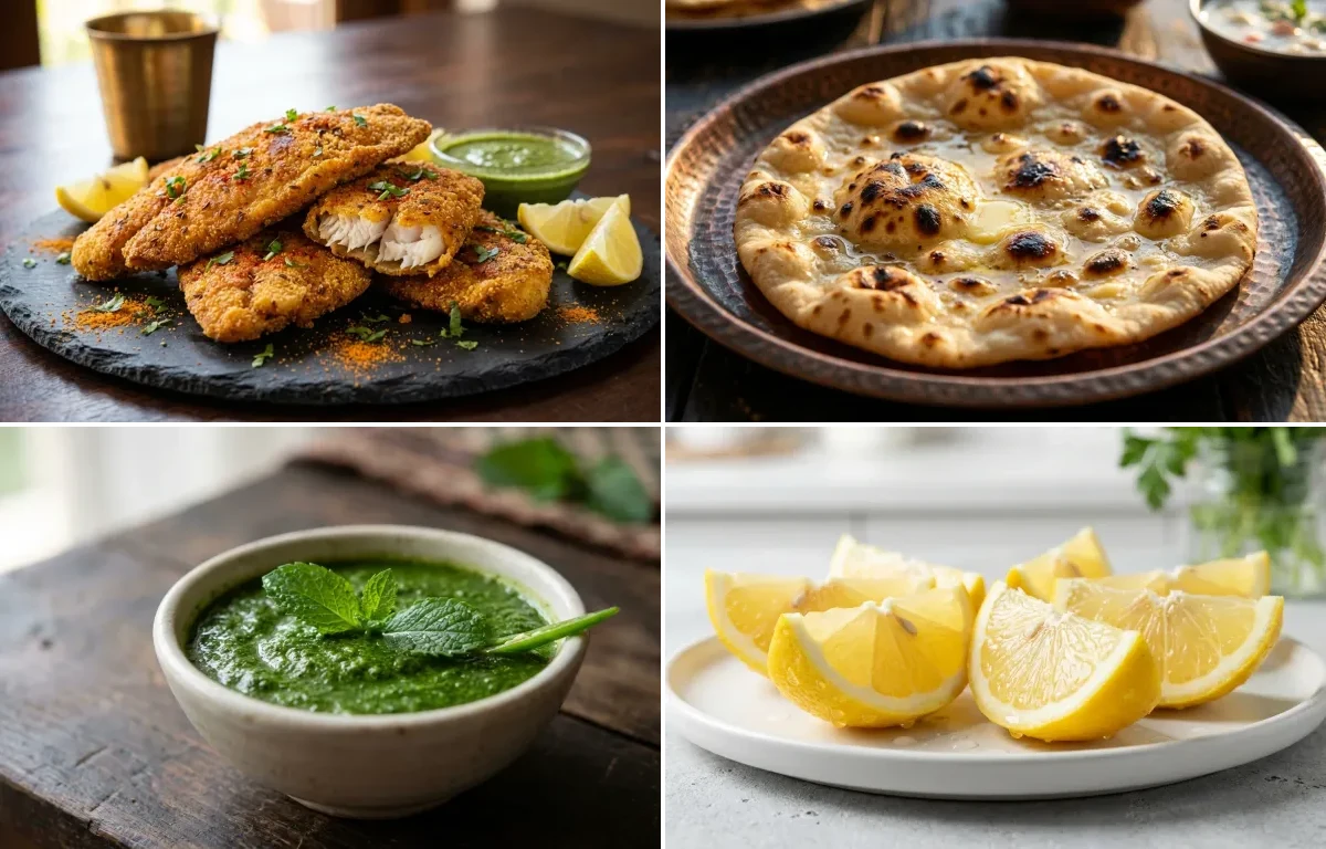 Amritsari Fish Fry with Tandoori Roti, Mint Chutney and Lemon Wedges