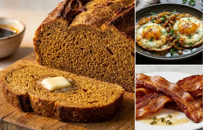 Anadama Bread with Indian Fried Eggs and Pan-Fried Bacon