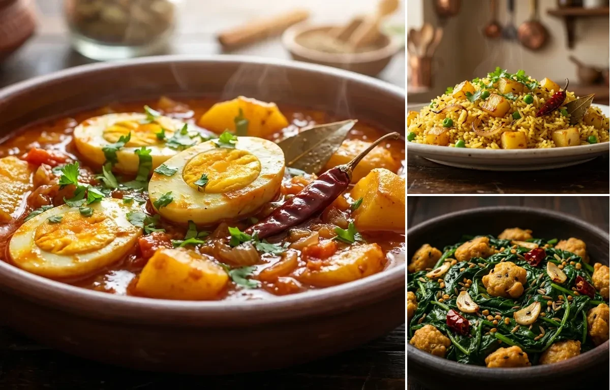 Anda Aloo Jhola with Bhaja Bhaat and Saaga Bhaja