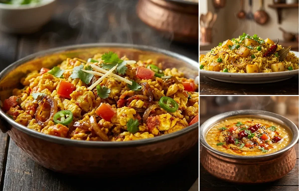 Anda Bhurji with Bhaja Bhaat and Arhar Dal Tadka